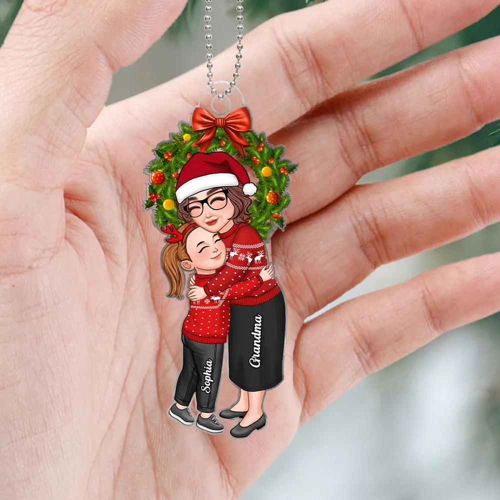 Grandma or Grandpa Hugging Grandchild Inside Wreath Personalized Ornament, Heartfelt Christmas Gift for Grandparents
