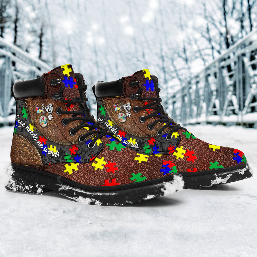 Love Needs No Words Leather Pattern Print Autism Awareness All Season Boots 0622