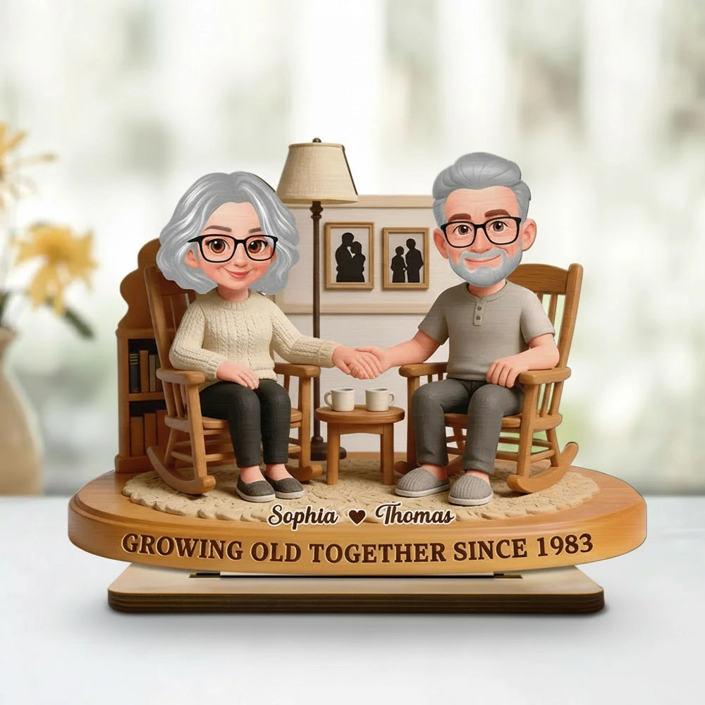 Personalized 2-Layer Wooden Plaque Elderly Couple Holding Hands in Cozy Living Room, Unique Anniversary Gift for Him or Her