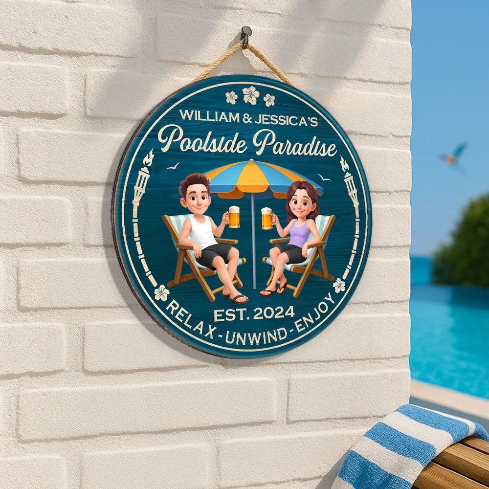 Poolside Paradise Wooden Sign – Personalized Couple Design, Romantic Backyard Gift for Lover