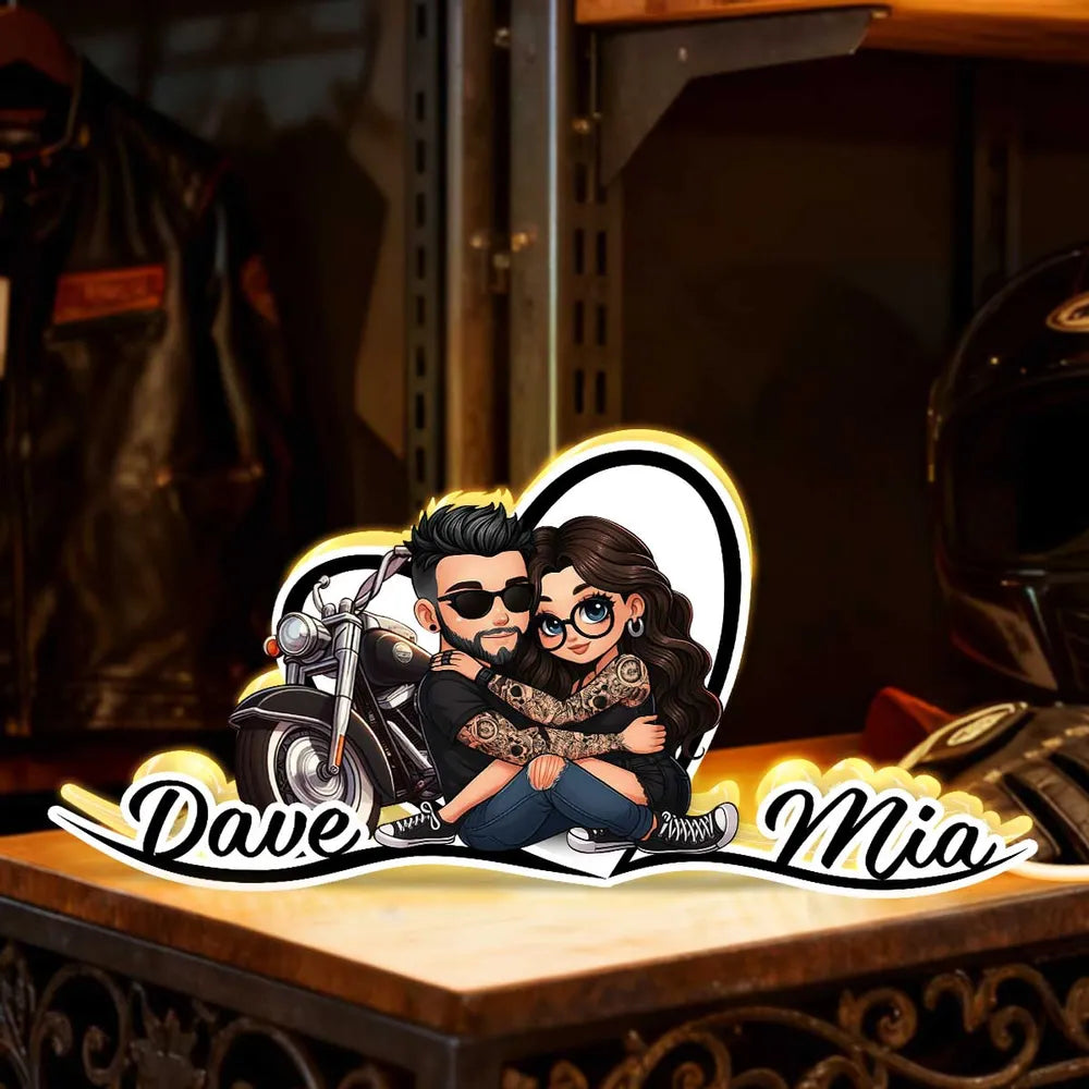 Personalized Acrylic Light Box Sunset Biker Couple Hugging by a Motorcycle Warm Glow Unique Gift for Couples