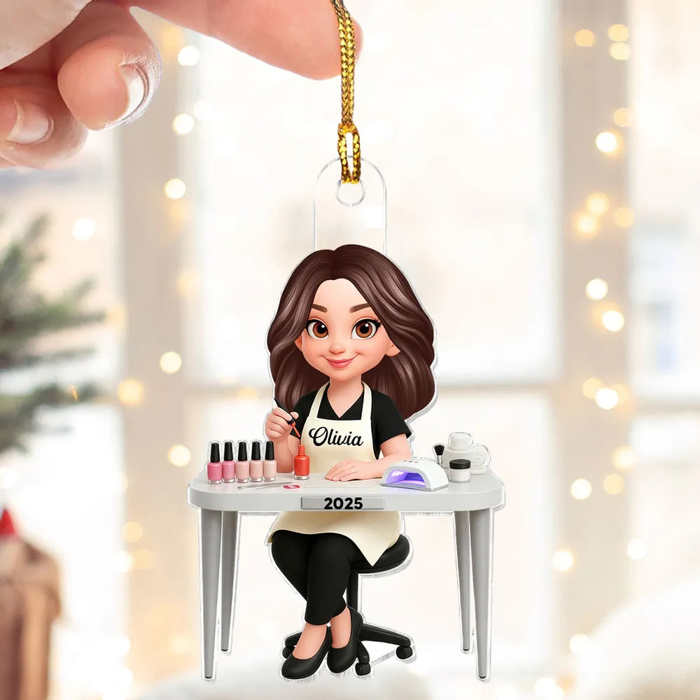 Personalized Acrylic Nail Tech Ornament, Cute Manicurist Desk Scene Keepsake Gift for Beauty Lovers