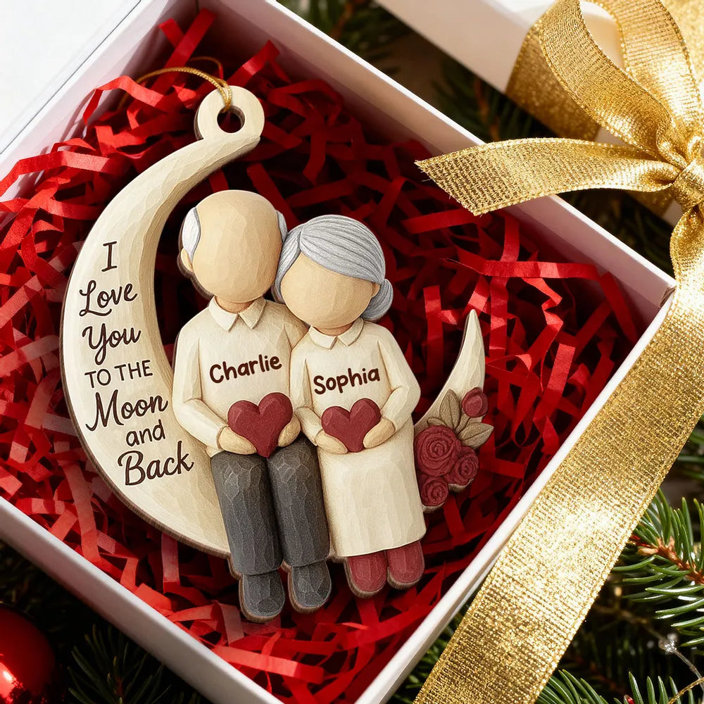 Wooden Ornament - I Love You to the Moon, Carved Couple Design, Unique Christmas Gift for Couples or Grandparents