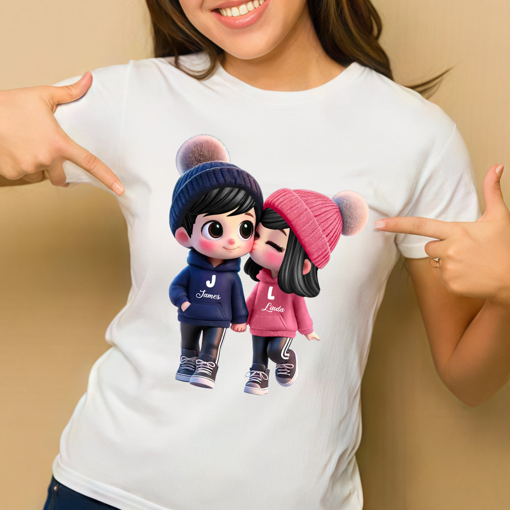 Personalized Couple Classic Tee – Cute Cartoon Couple Design, Custom Names, Perfect Gift for Couples