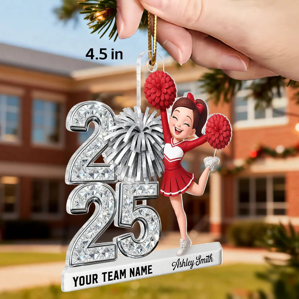 Personalized Cheerleader Acrylic Ornament with Year & Team Name, Sparkling School Spirit Keepsake, Unique Graduation Gift