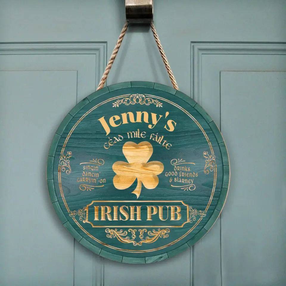 Personalized Irish Pub Clover Wooden Sign Round Green Bar Decor With Celtic Style Lettering Unique St. Patrick's Day Gift