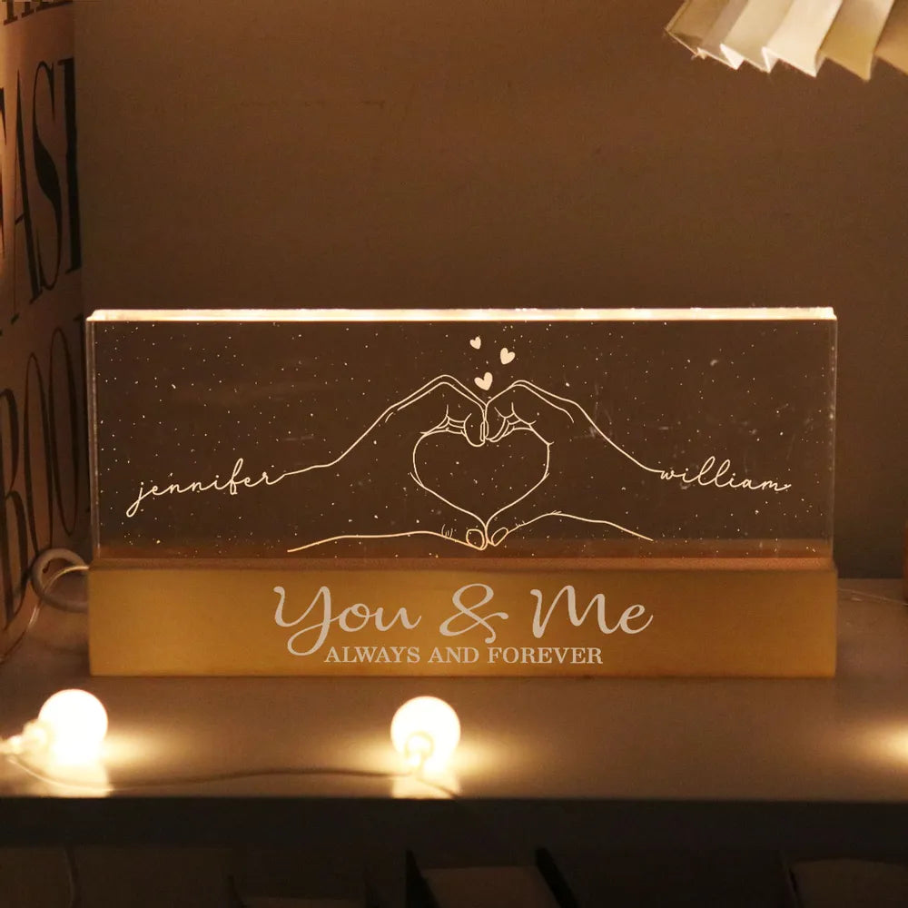 Personalized Block LED Light Plaque with Heart Hands Outline for Couple, Warm Night Light Keepsake, Unique Gift for Him or Her