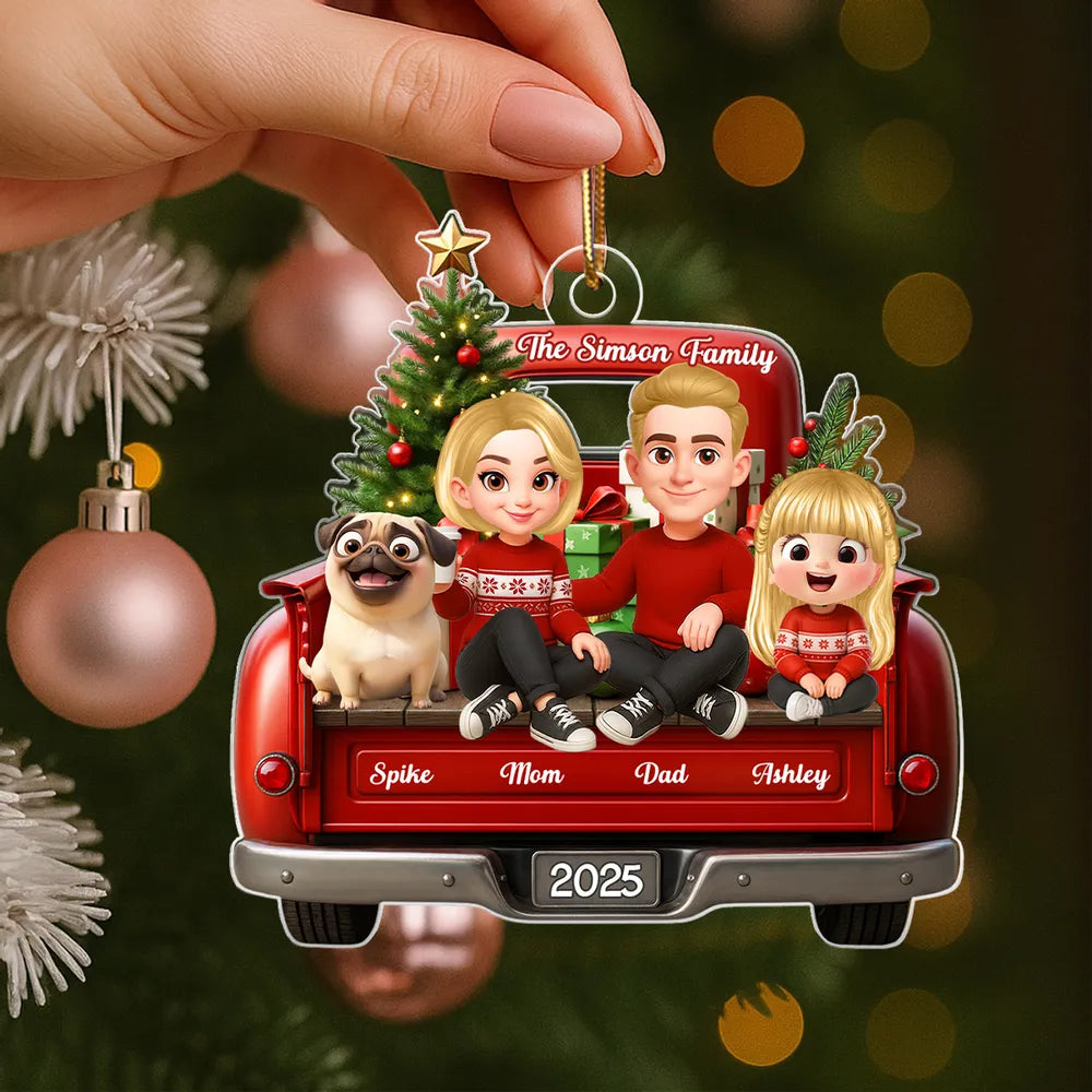 Acrylic Ornament — red truck Christmas family with tree & pup, cheerful décor for mantel or tree, sentimental keepsake, perfect gift