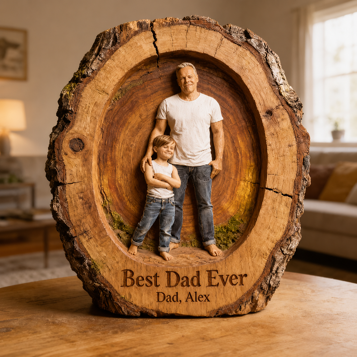 Custom Best Dad Ever Wood Log Figurine, Personalized Father and Son Carved Statue, Rustic Tabletop Decor Gift for Father's Day