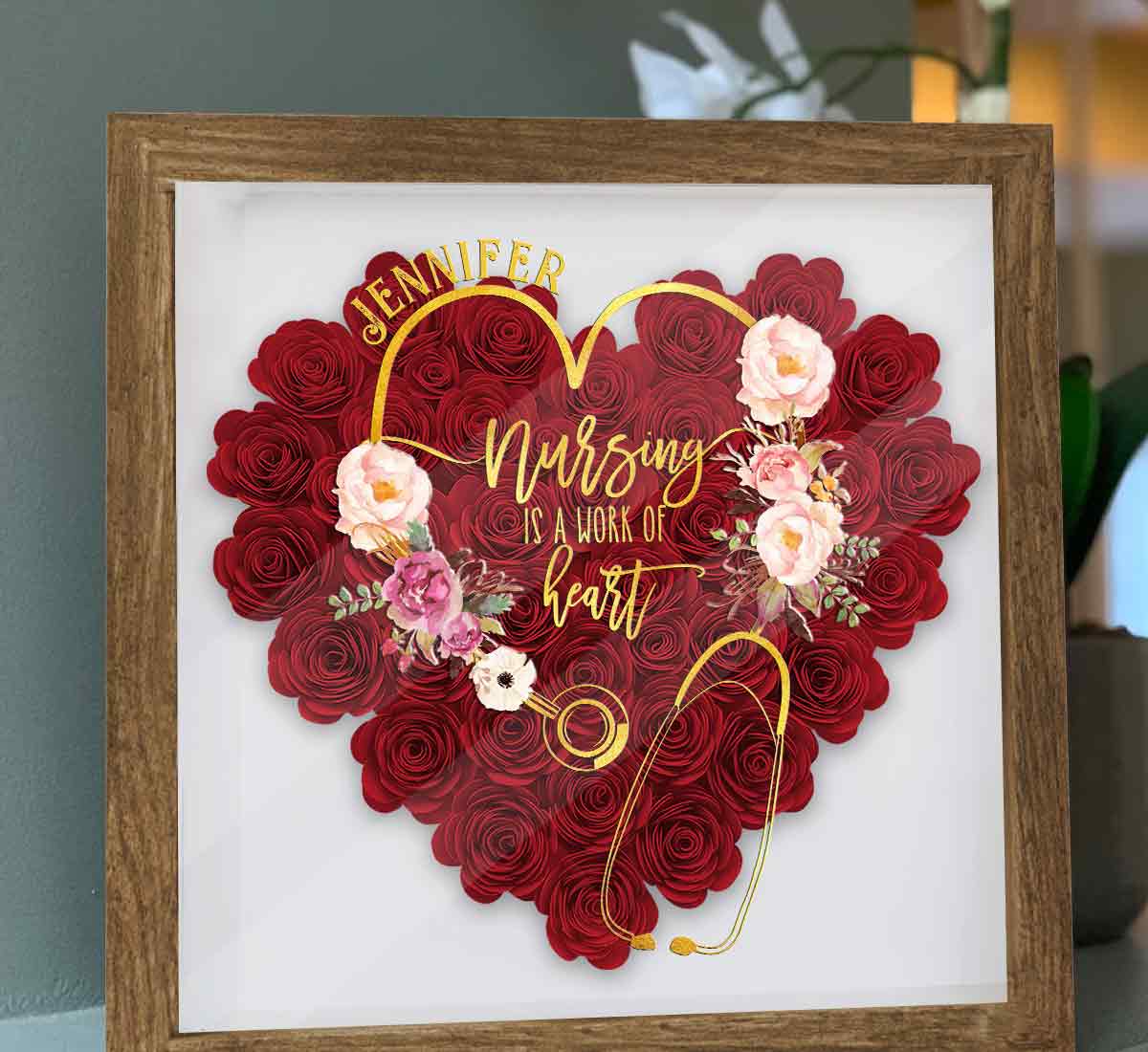 Nursing Is A Work Of Heart - Personalized Nurse Flower Shadow Box