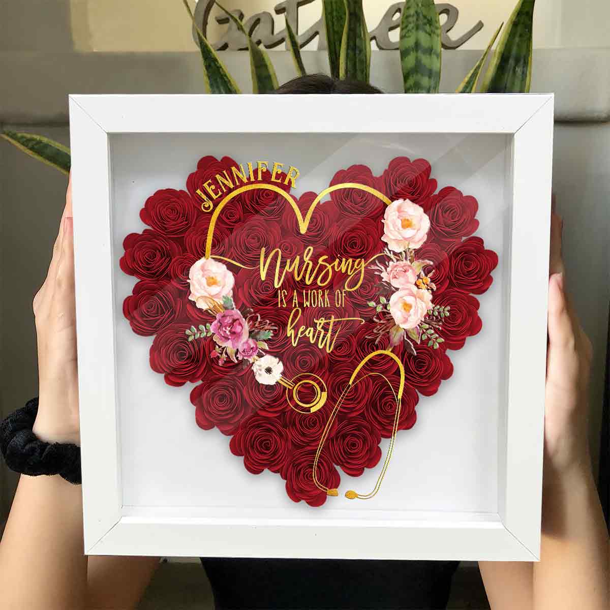 Nursing Is A Work Of Heart - Personalized Nurse Flower Shadow Box