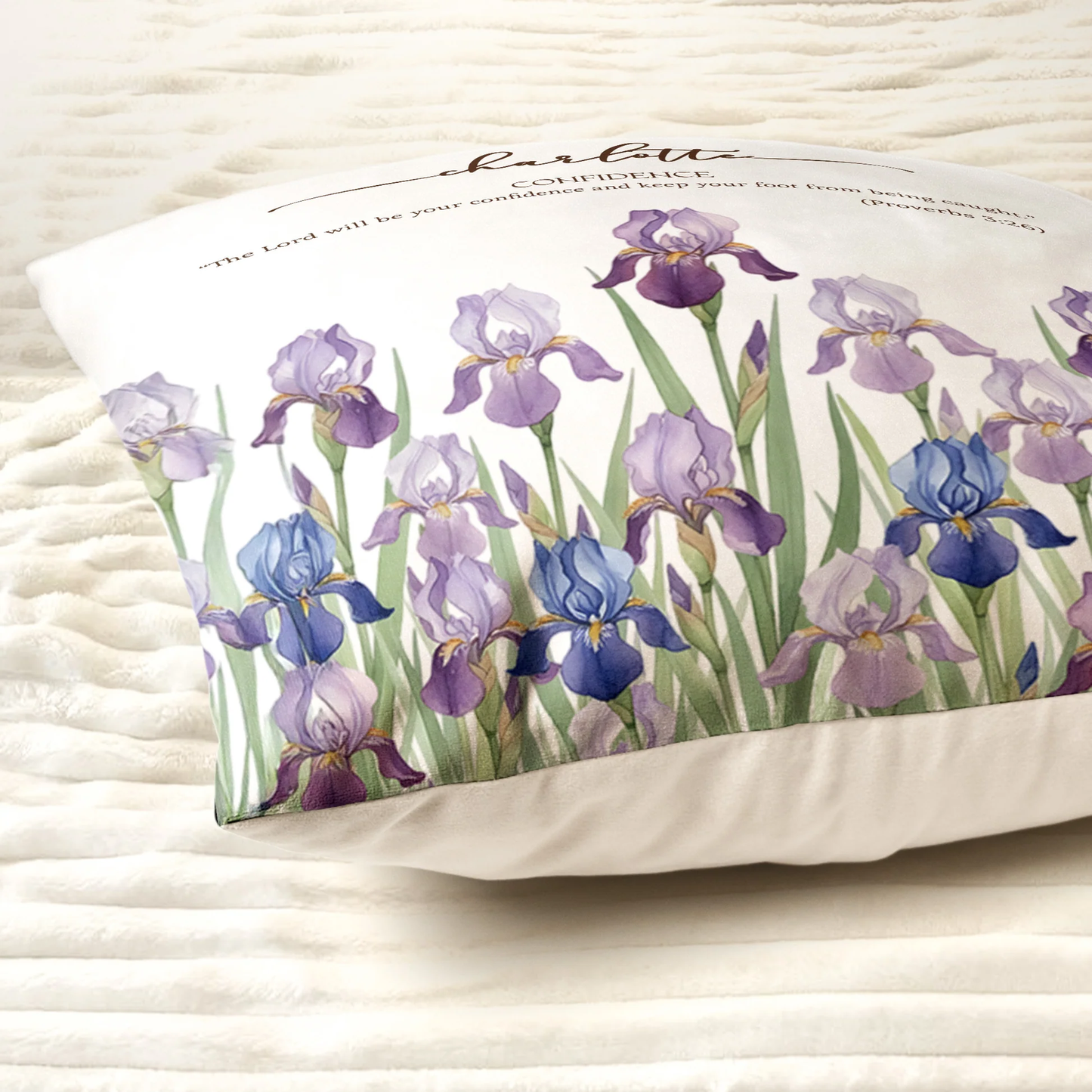Personalized Square Pillow with Name and Bible Verse Gift for Her – Watercolor Iris Cushion for Daily Confidence