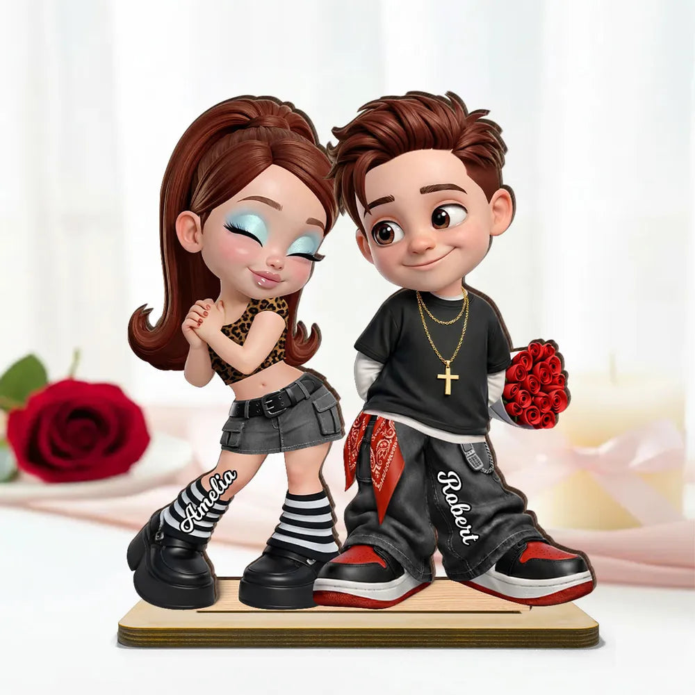 Personalized 2-Layer Wooden Plaque Y2K Style Couple Holding Roses, Unique Gift for Him or Her, Sweet Romantic Desk Decor