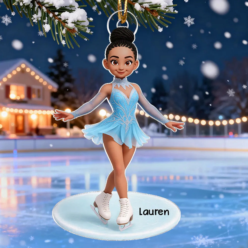 Cute Figure Skater Acrylic Ornament for Holiday Tree, Winter Wonderland Decor and Creative Gift for Daughters and Young Skaters