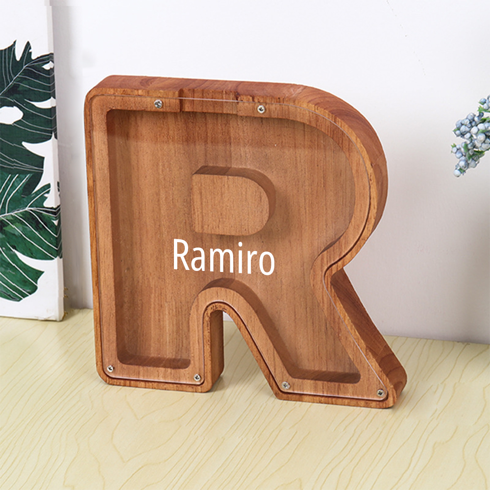 Custom Initial And Name - Personalized Letter And Name Brown Wooden Piggy Bank