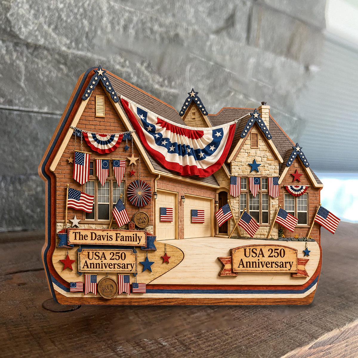 American House 250 Anniversary - Personalized Family Custom Shaped Wood Plaque