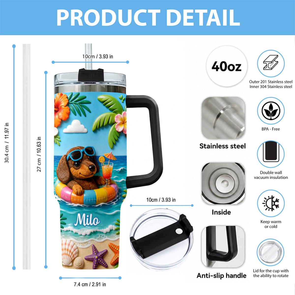 Any Photo Summer Vibes - Personalized Dog Tumbler With Plush Charm