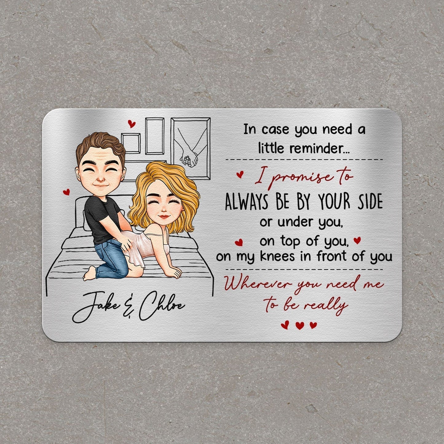 Personalized Metal Wallet Card with Funny Love Promise, Cute Couple Illustration, Unique Gift for Husband or Boyfriend