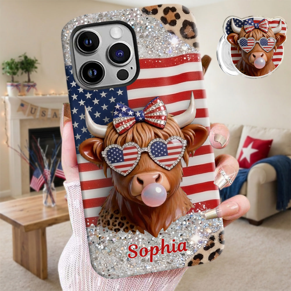 Highland Cow Patriotic - Personalized Highland Cow Full Print Phone Case & Phone Grip