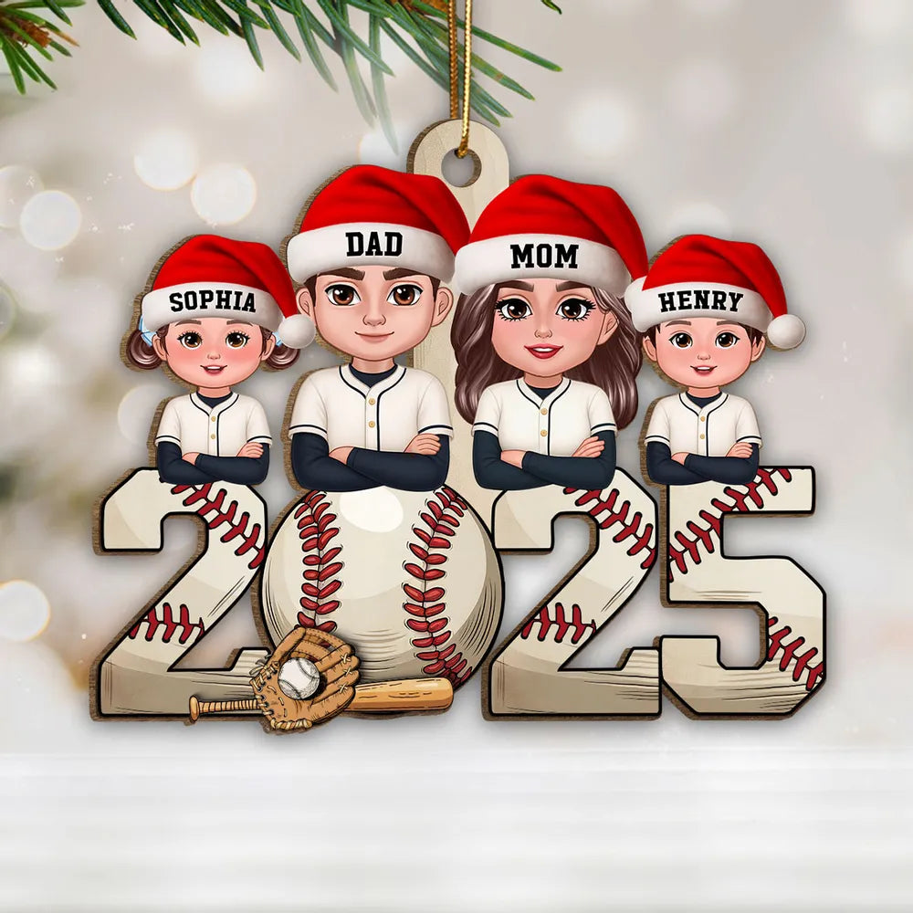 Wooden Baseball Ornament with Cartoon Family Design, Cozy Holiday Décor and Thoughtful Gift for Loved Ones