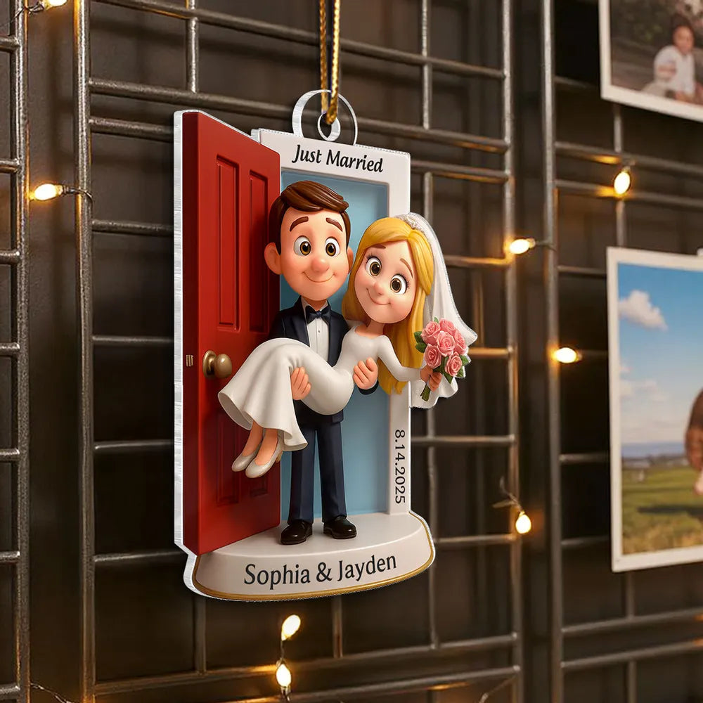 Just Married Acrylic Ornament, Groom Carrying Bride Design, Wedding Keepsake Gift