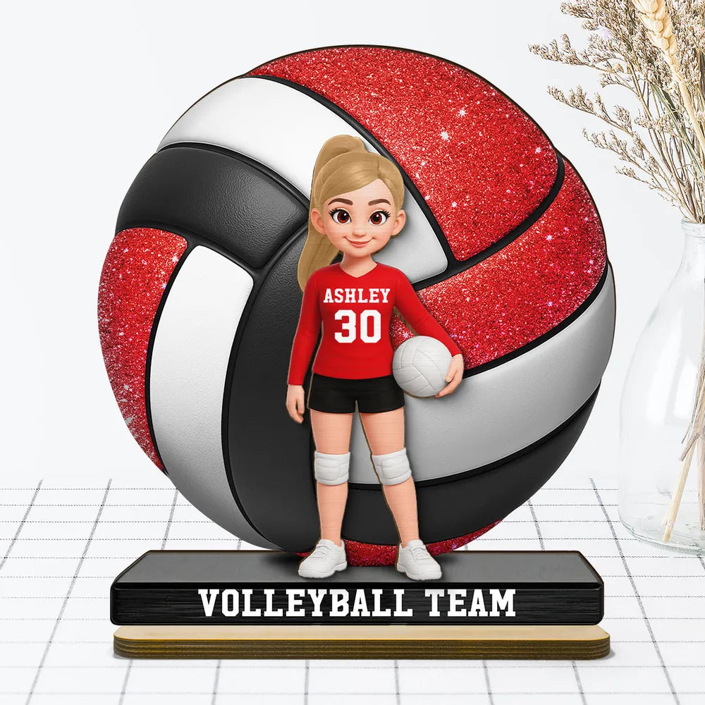 Personalized 2-Layer Wooden Plaque Volleyball Player in Gym - Unique Team Gift with Bold Sparkle Look