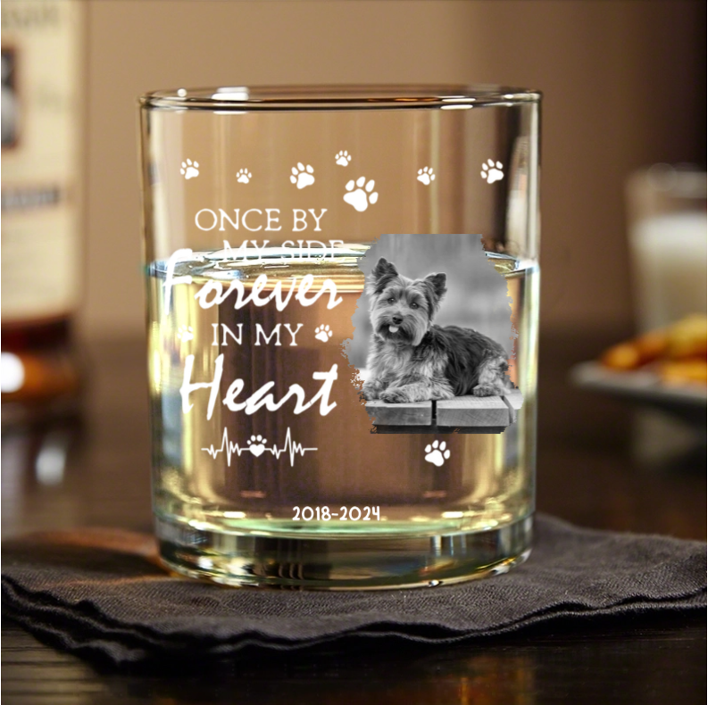 Personalized Pet Memorial Whiskey Glsses, "Forever in My Heart" Custom Keepsake with Photo and Name
