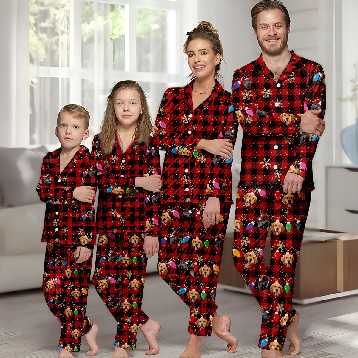 Lovely Dog Cat Pet Face Christmas Light String - Gift for dog lovers, cat lover - Personalized Button Down Pajamas