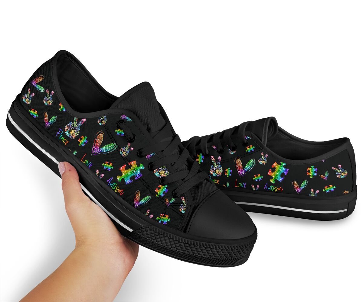Peace Love Autism Faux Glitter Print Autism Awareness Low Top Shoes 0622