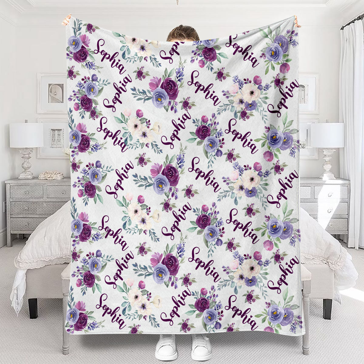 Custom Name Purple Flowers - Personalized Mother Blanket