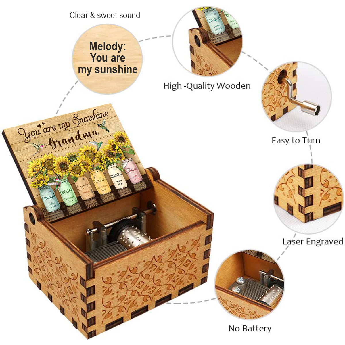 You Are My Sunshine - Gift for mom, grandma, granddaughter, friend, sister - Personalized Hand Crank Music Box