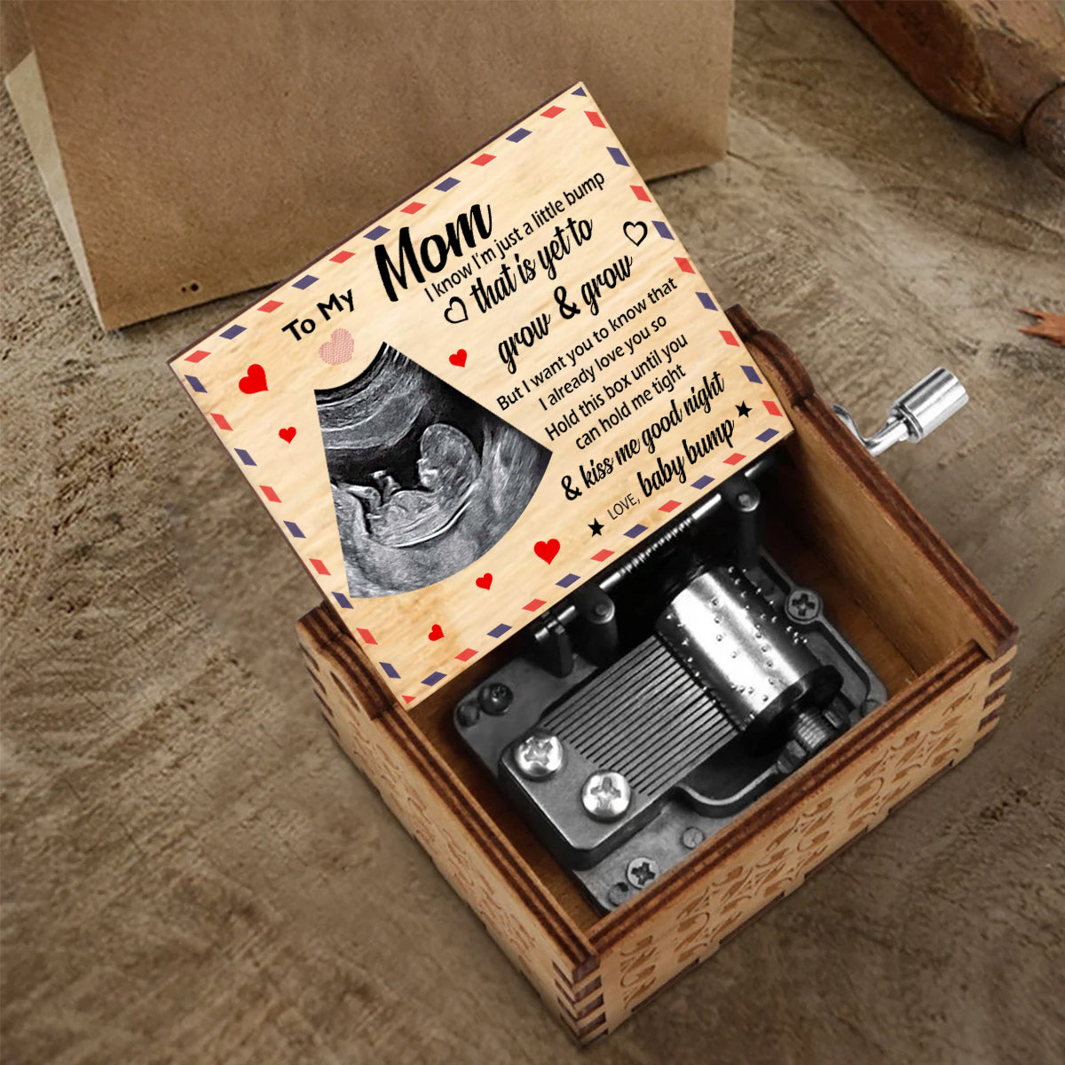 To My Mom / Dad / Grandma / Grandpa / Brother / Sister Baby Ultrasound Photo - Personalized Pregnancy Hand Crank Music Box