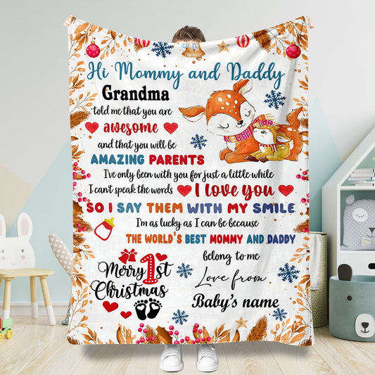 1st Christmas Gift Mommy And Daddy - Personalized Newborn Blanket