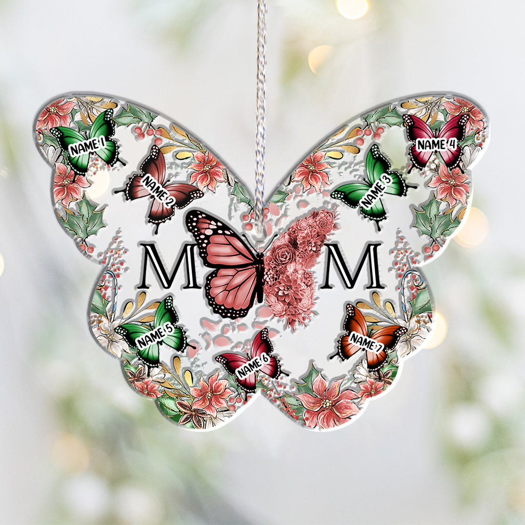 Mom & Children Butterflies Christmas Flower - Personalized Mother Ornament
