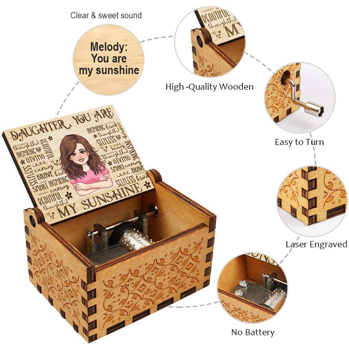 Mom You Are My Sunshine - Gift for mom, grandma, daughter, wife, aunt - Personalized Hand Crank Music Box