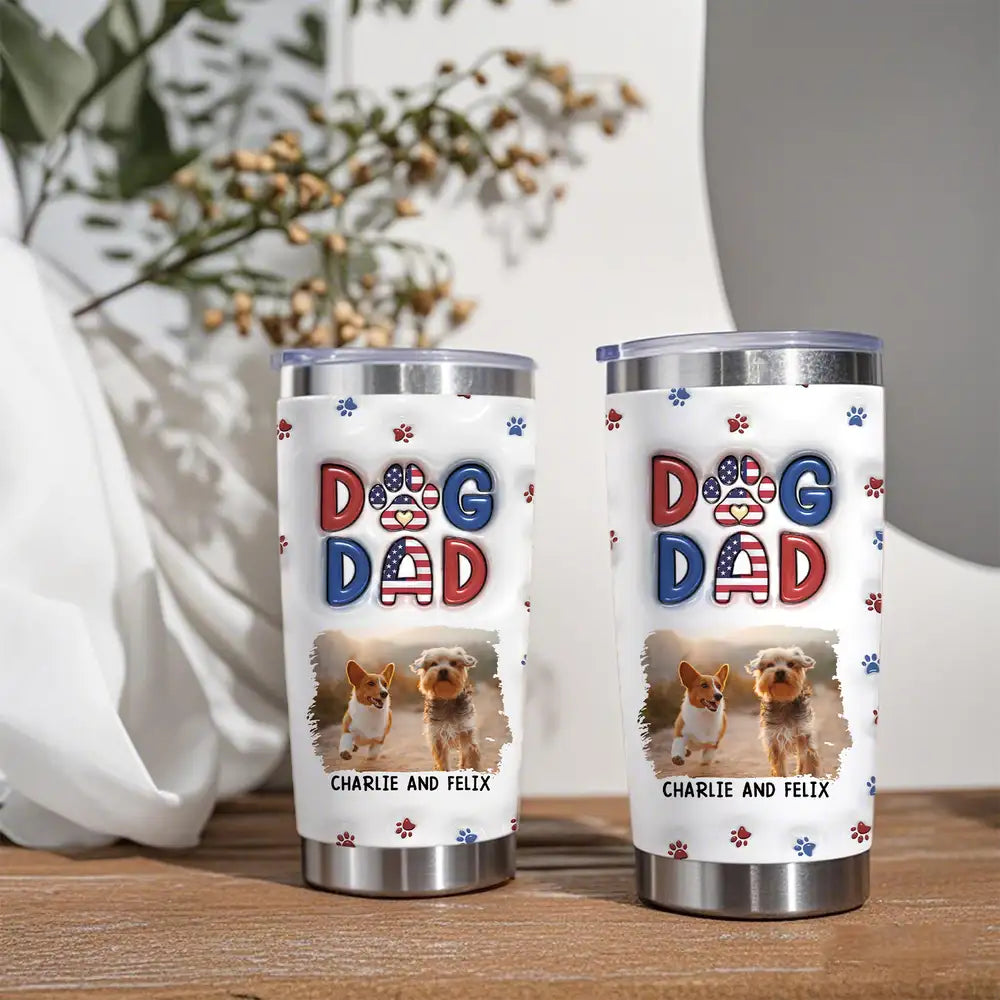 Funny DOG DAD Travel Tumbler – Pet Illustration with Custom Names – Perfect Gift for Dog Dads on Father’s Day or Birthdays