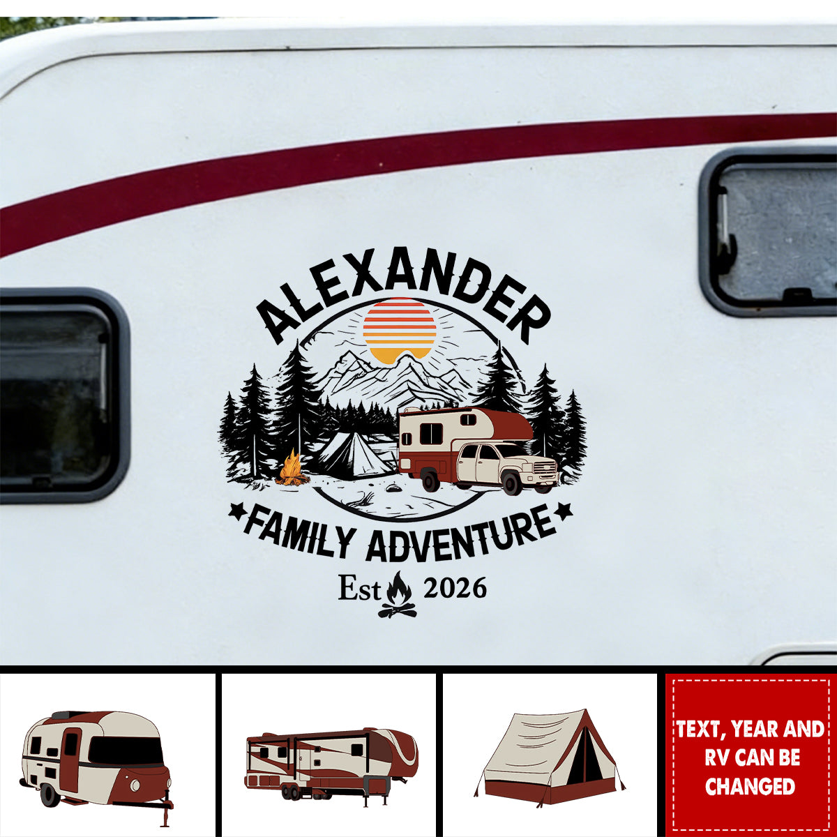 Personalized Family Adventure Sticker Decal for RV or Camper, Mountain Sunset Camping Scene, Unique Custom Gift