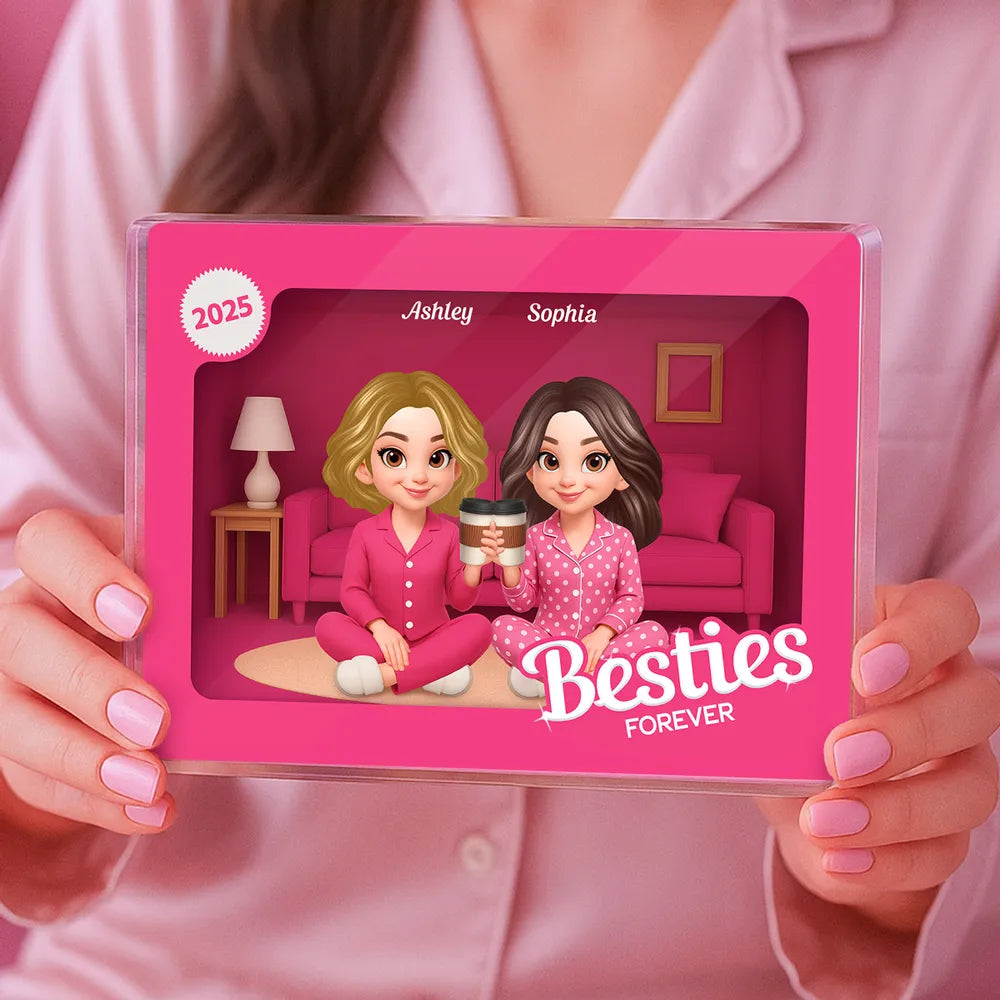 Rectangle Acrylic Block Plaque with Besties Forever Theme, Pajama Illustration, Clear Finish, Perfect Surprise Gift for Friends