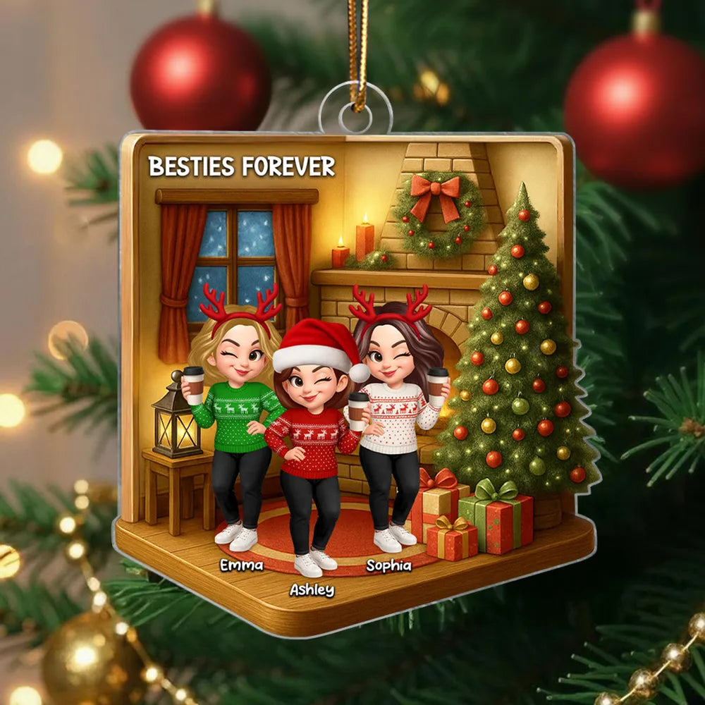 Custom Best Friends Christmas Ornament - Cozy Fireplace Design