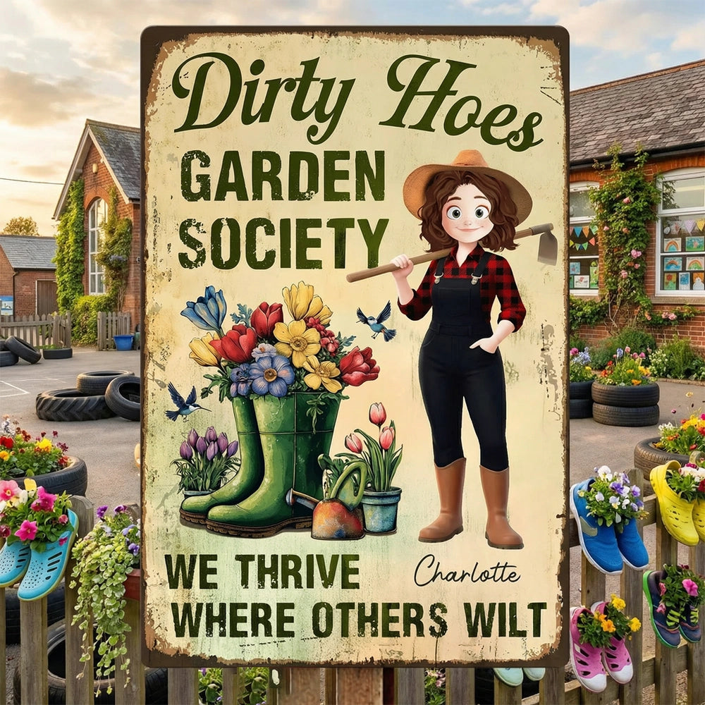 Personalized Rectangular Iron Sign Dirty Hoes Garden Society Funny Vintage Garden Decor, Unique Gift for Plant Lovers
