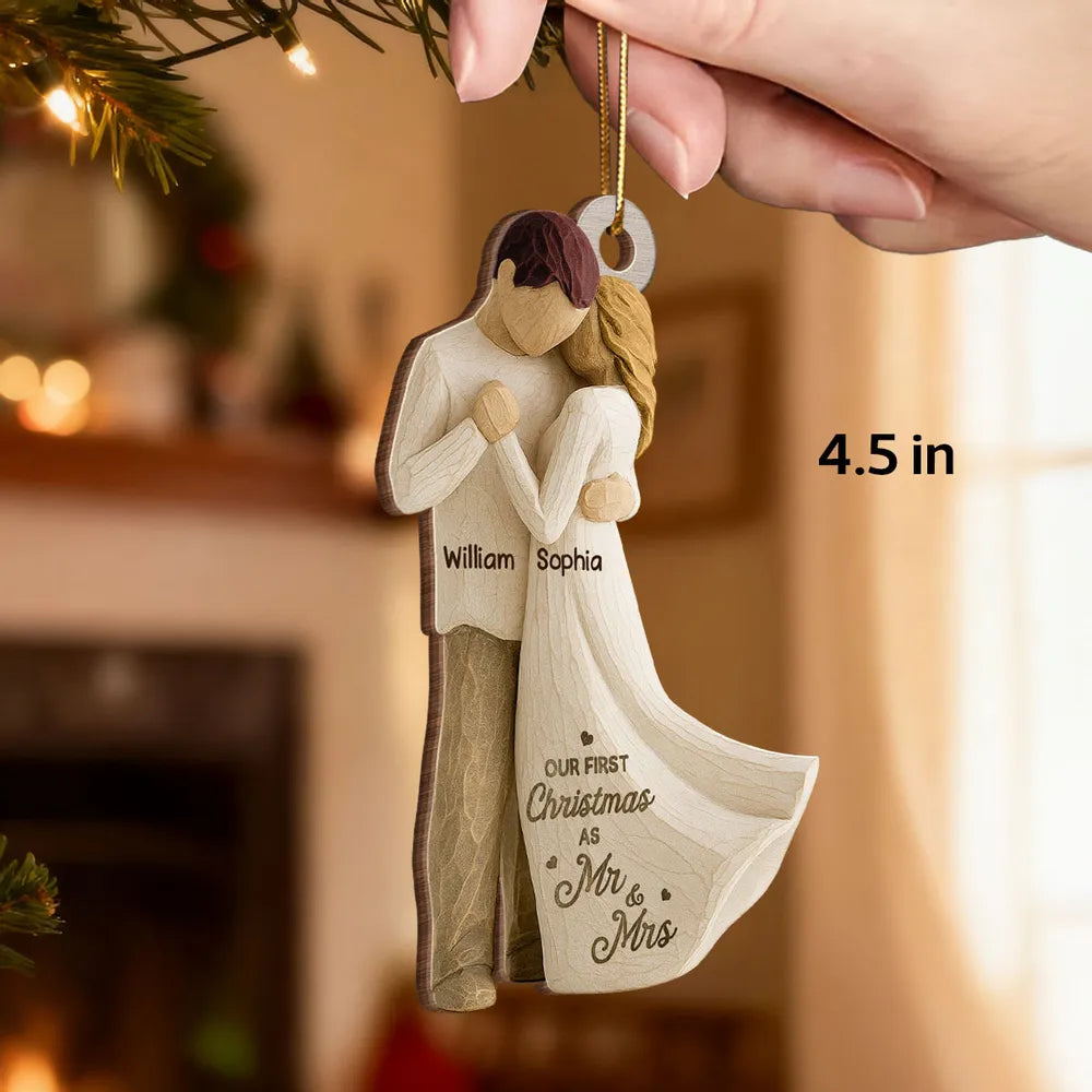 Romantic Wooden Ornament Personalized for a Couple, Sweet Hugging Design with Warm Neutrals, Unique Gift for Partner