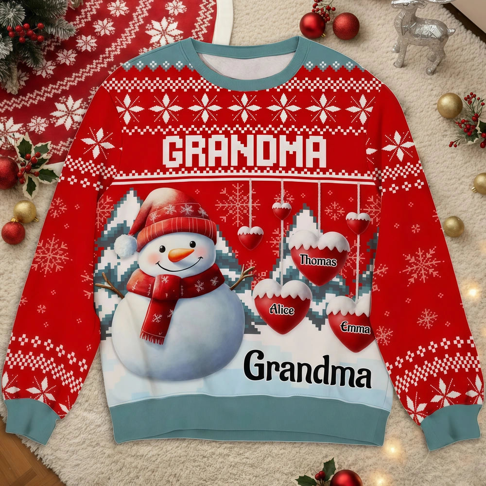 Personalized Snowman Grandma Printed Sweatshirt Christmas Gift, Cozy Holiday Jumper for Grandmother, Unique Family Keepsake