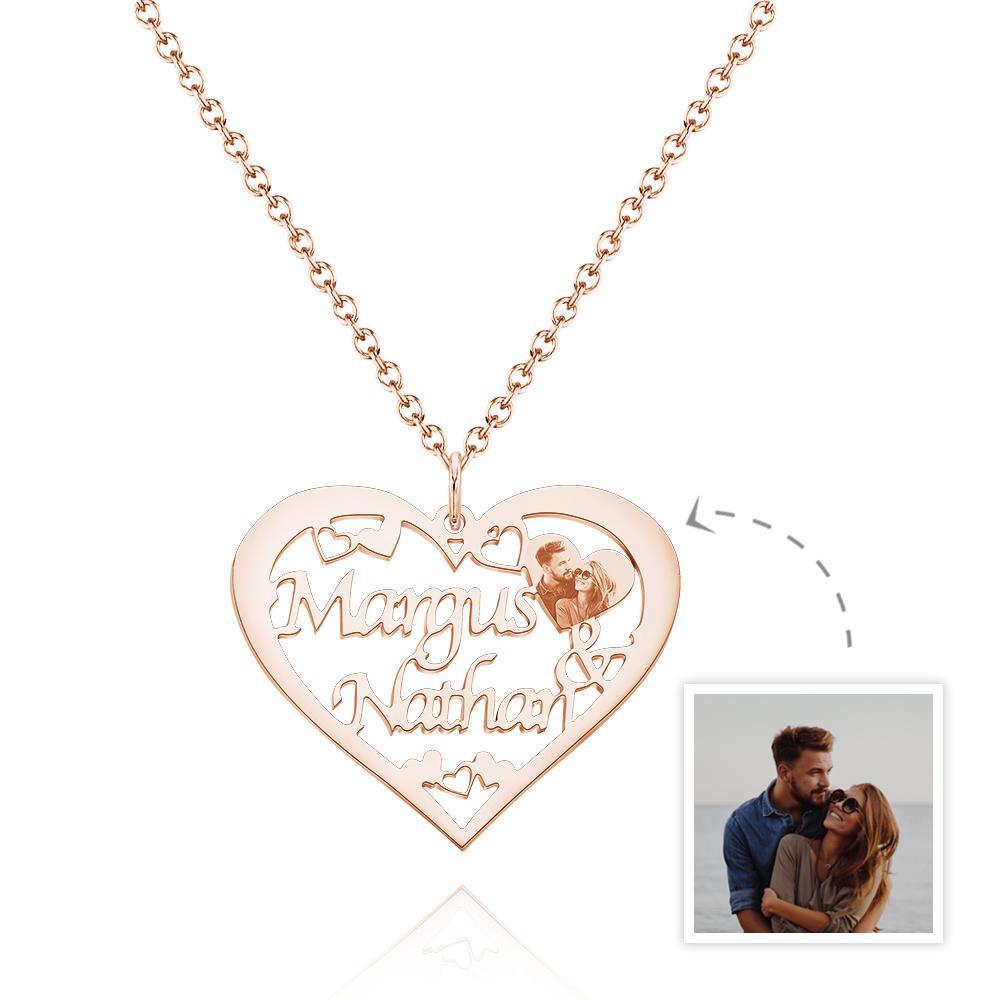 Engraved Photo Necklaces Heart-shaped With Names - Personalized Couple Necklace