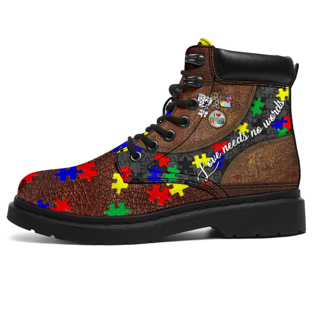 Love Needs No Words Leather Pattern Print Autism Awareness All Season Boots 0622