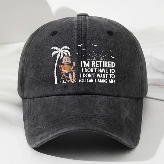 Personalized Washed Denim Baseball Cap with I'm Retired Quote, Funny Everyday Outdoor Wear, Unique Gift for Retiree