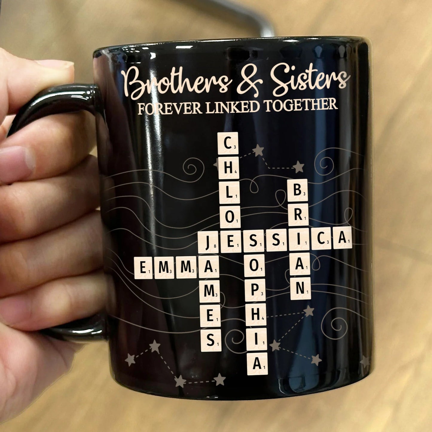 Full Color Mug with Brothers & Sisters Crossword Theme, High Clarity, Fun and Sentimental Gift for Family