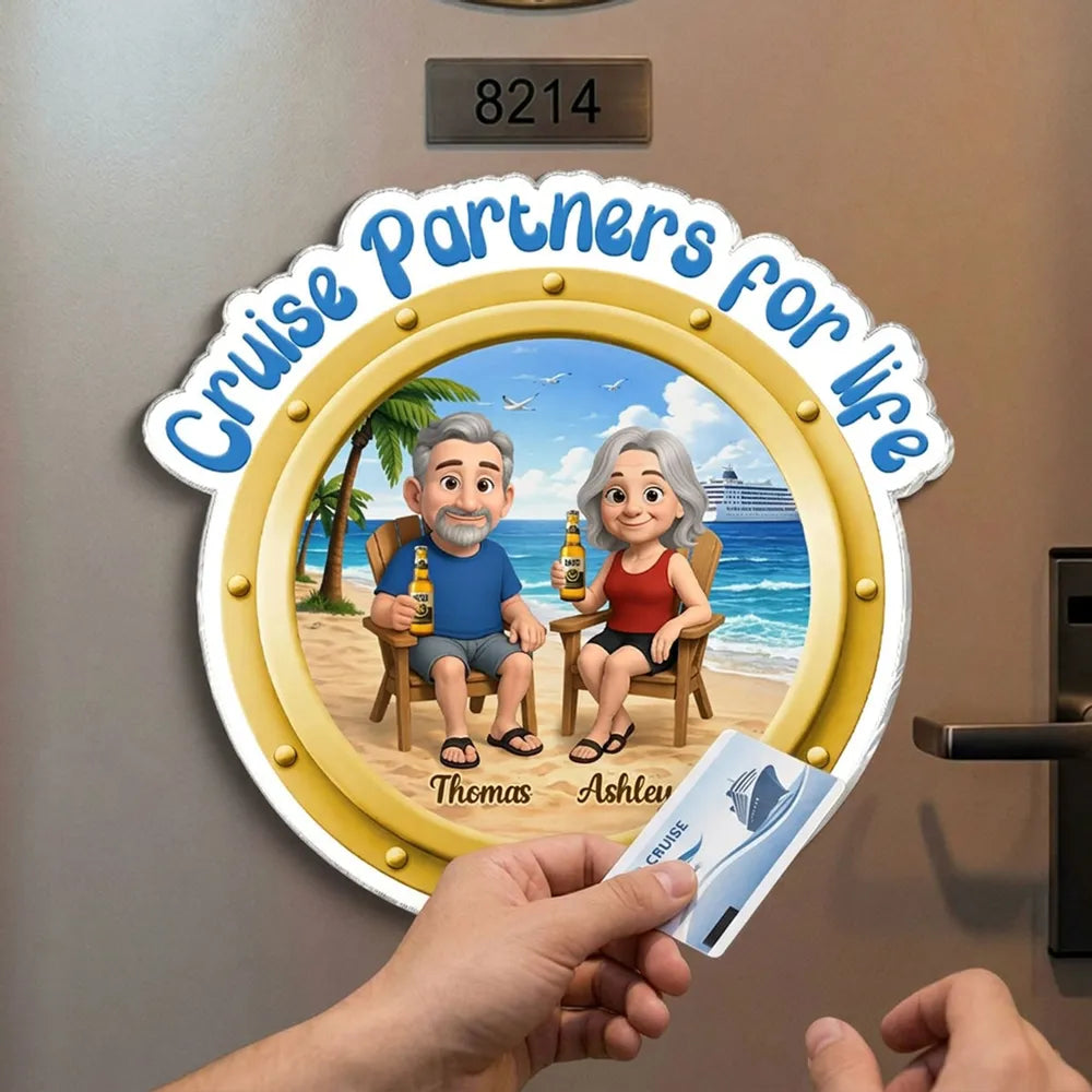 Cruise-Themed Personalized Acrylic Magnet with Beach Cartoon Couple and Ship View, Sweet Unique Gift for Couples