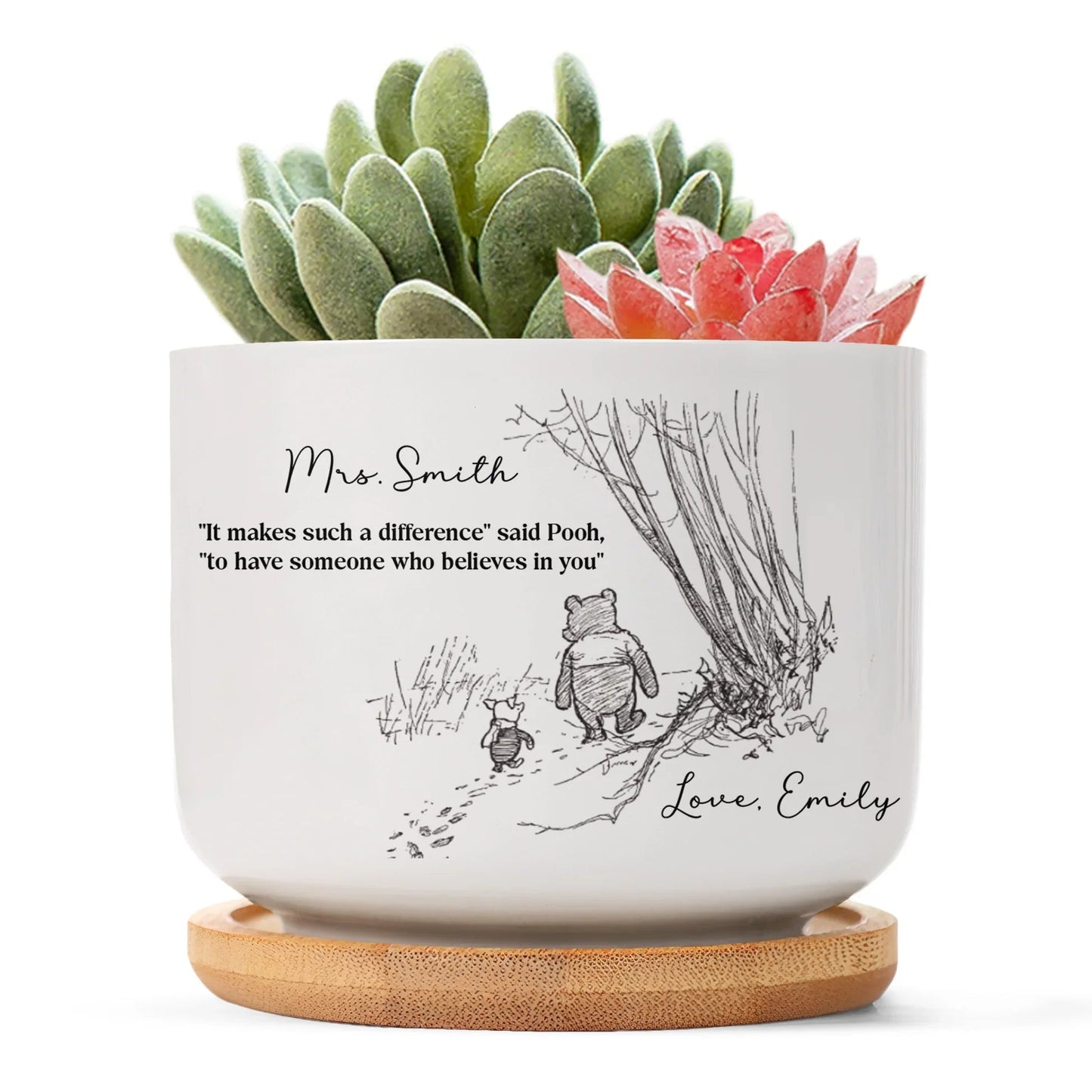 Personalized Ceramic Planter with Tray for Teacher Appreciation, Succulent Display, Unique Thank You Gift