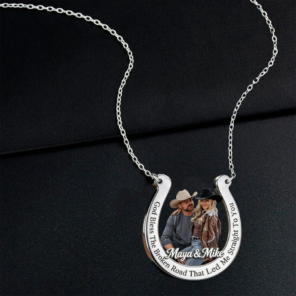 God Bless The Broken Road - Personalized Western Outfit Shaped Metal Pendant Necklace