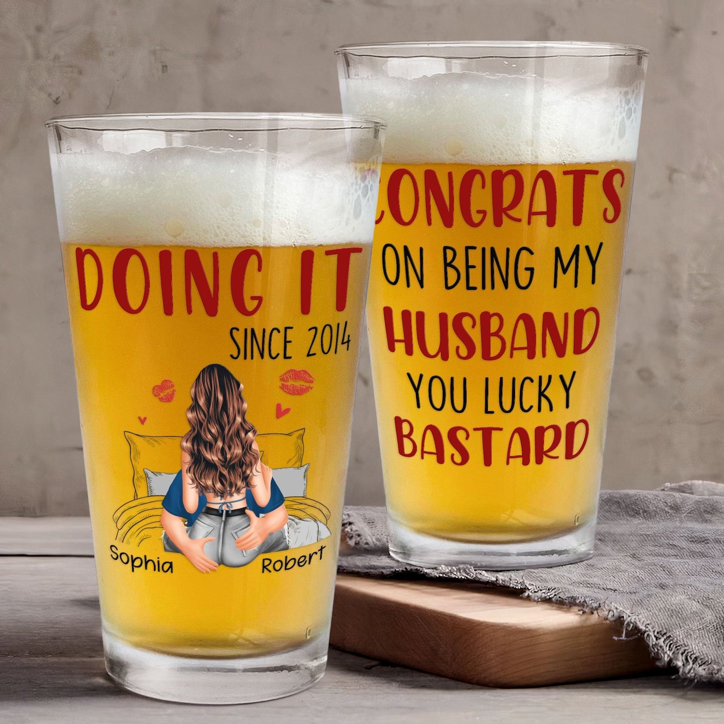 Congrats On Being My Husband Personalized Beer Glass, Cheeky Love Quote Gift For Him With Heart And Kiss Marks